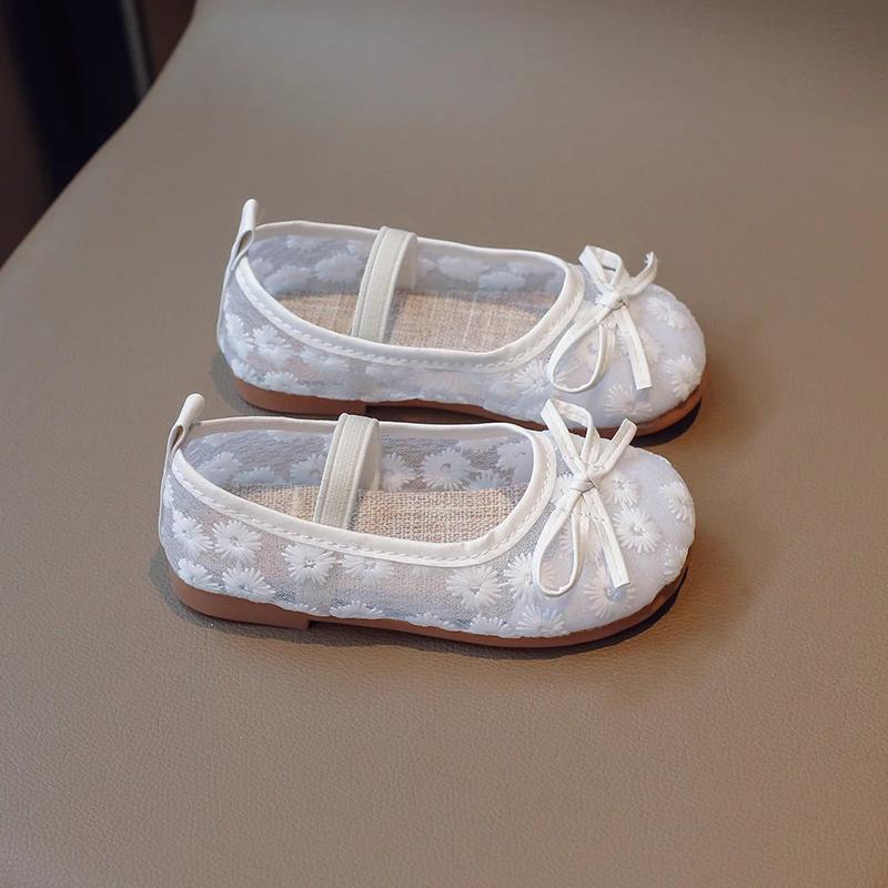 Girls Summer Mesh Bow Flat Shoes Female Infant Embroidery One Stirrup Sandals Students Simple Elasticized Princess Shoes 23-36