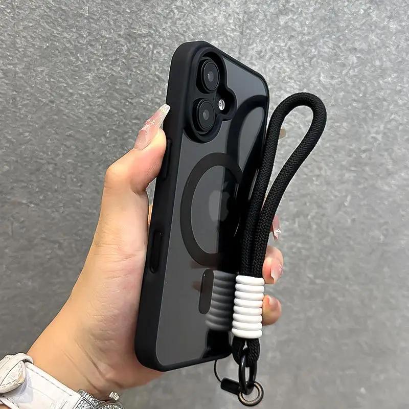 Luxury With Lanyard Clear For Magsafe Phone Case For iPhone 17 Pro Max 16 11 12 13 15 14 Pro Max Armour Wrist Strap Back Cover