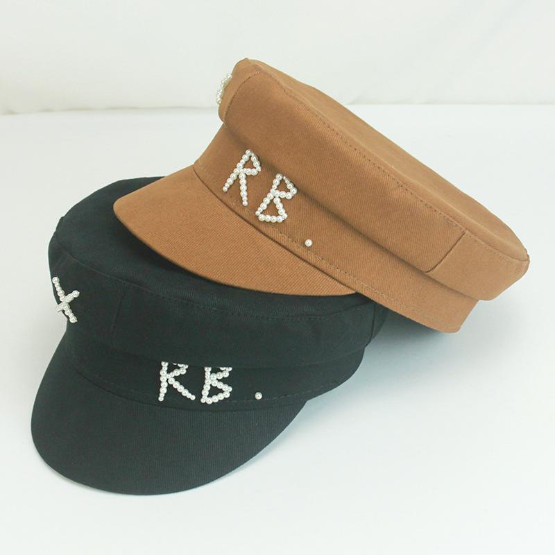 Zealous Sole Women's Black Designer Brand Pearls Letter Rb Newsboy Caps Cotton Flat Militray Hat Fashion Streetwear Navy Hat Lady Gorras Mujer
