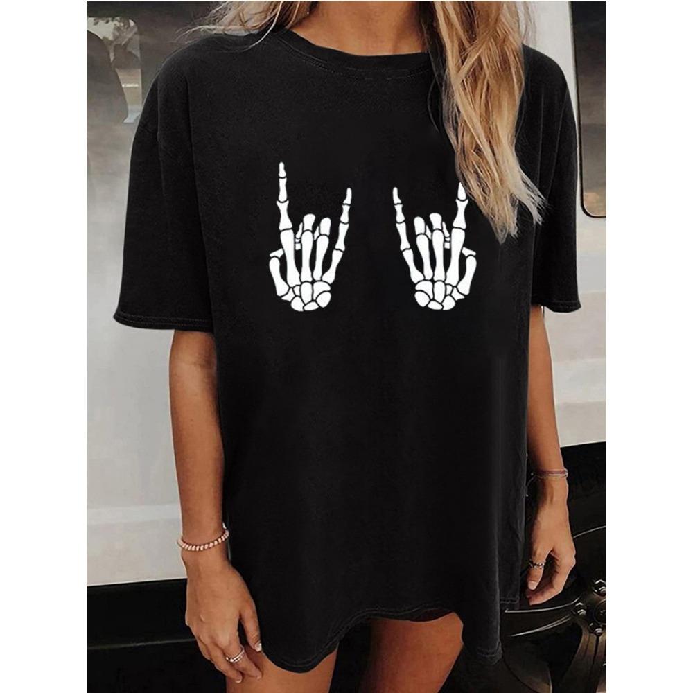Skeleton Print Crew Neck TShirt Womens Casual Oversized Short Sleeve Fashionable SpringSummer Cotton Top Womens Apparel