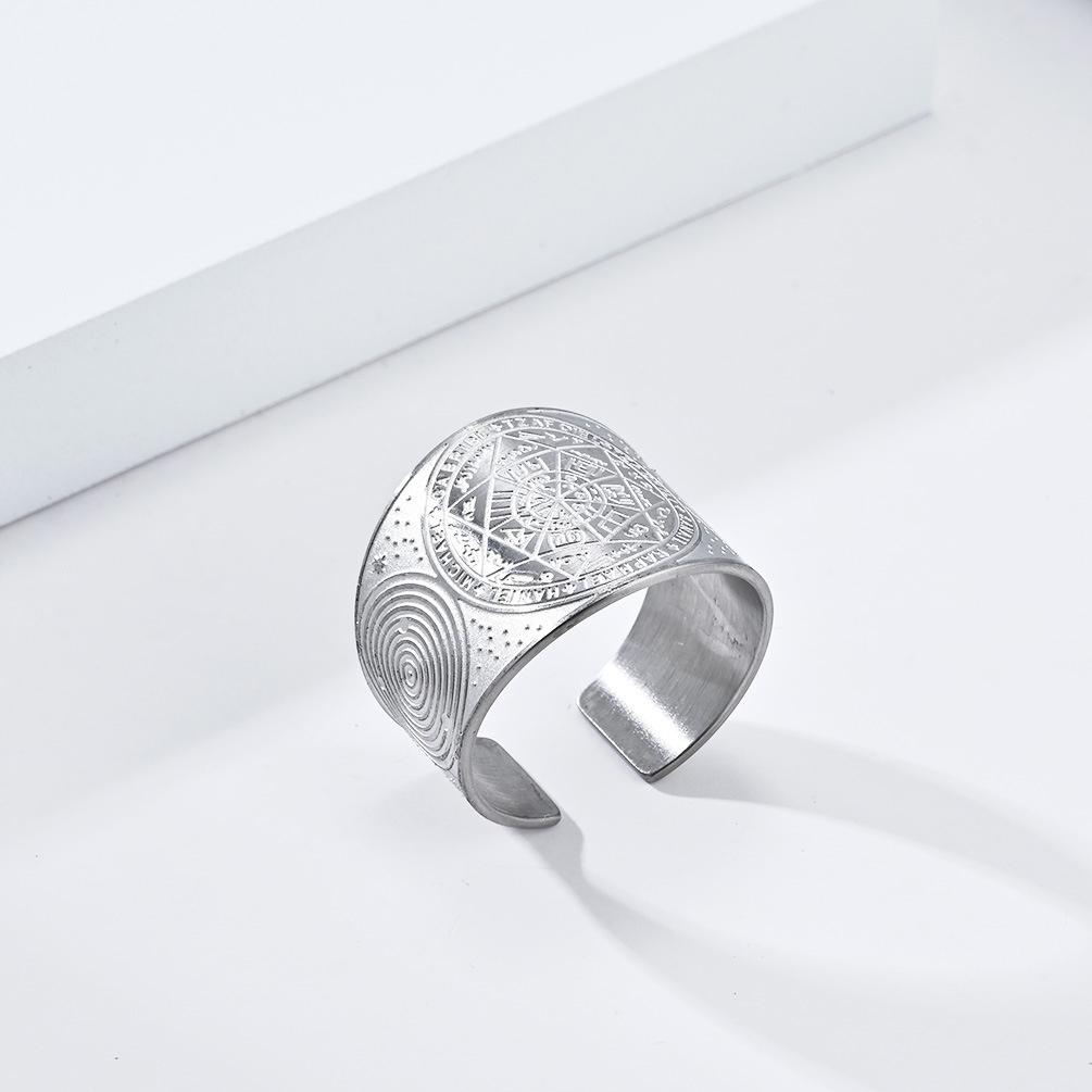 Solomon Kabbalah Mystical Seven-pointed Star Titanium Steel Ring Adjustable Size Vintage Antique Silver Hand Jewelry