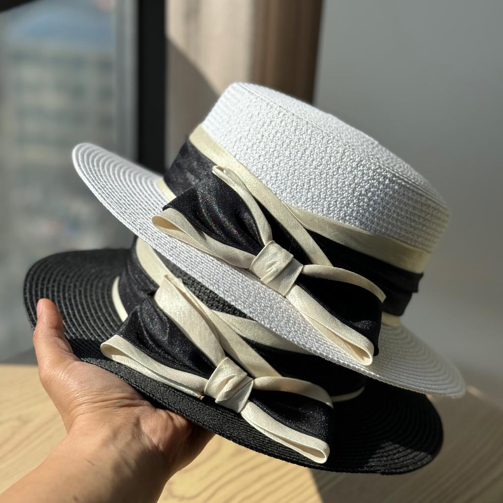 New Straw Woven Flat Top Top Hat Bow Straw Hat Summer Outing Seaside Sunshade and Sun Protection
