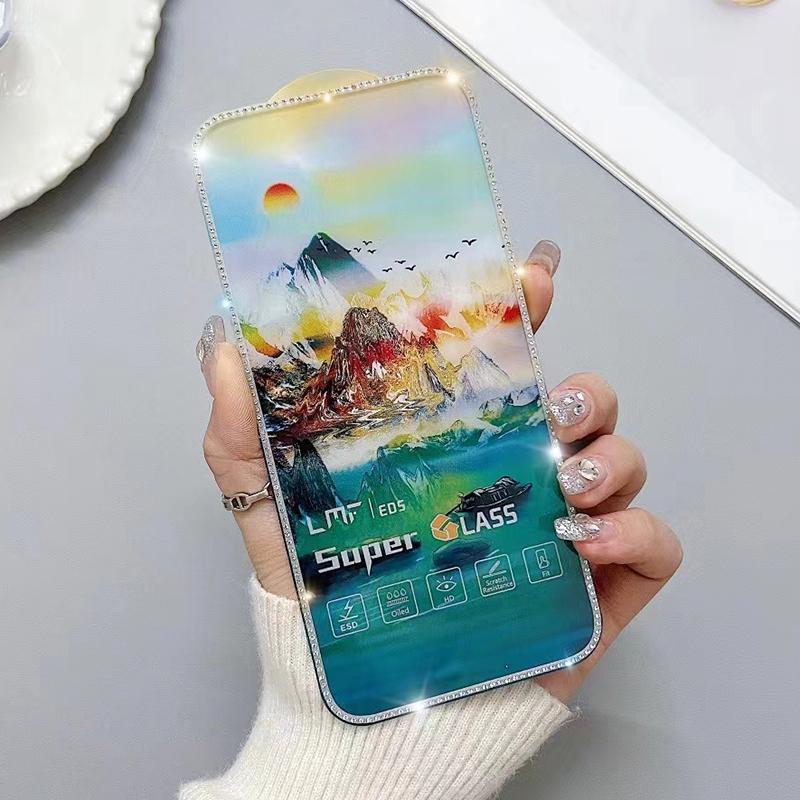 Luxury Glitter Diamond Tempered Glass Film For iPhone 15 14 13 12 11 Pro Max 14 15 Plus Anti Glare Screen Protector Film Guard