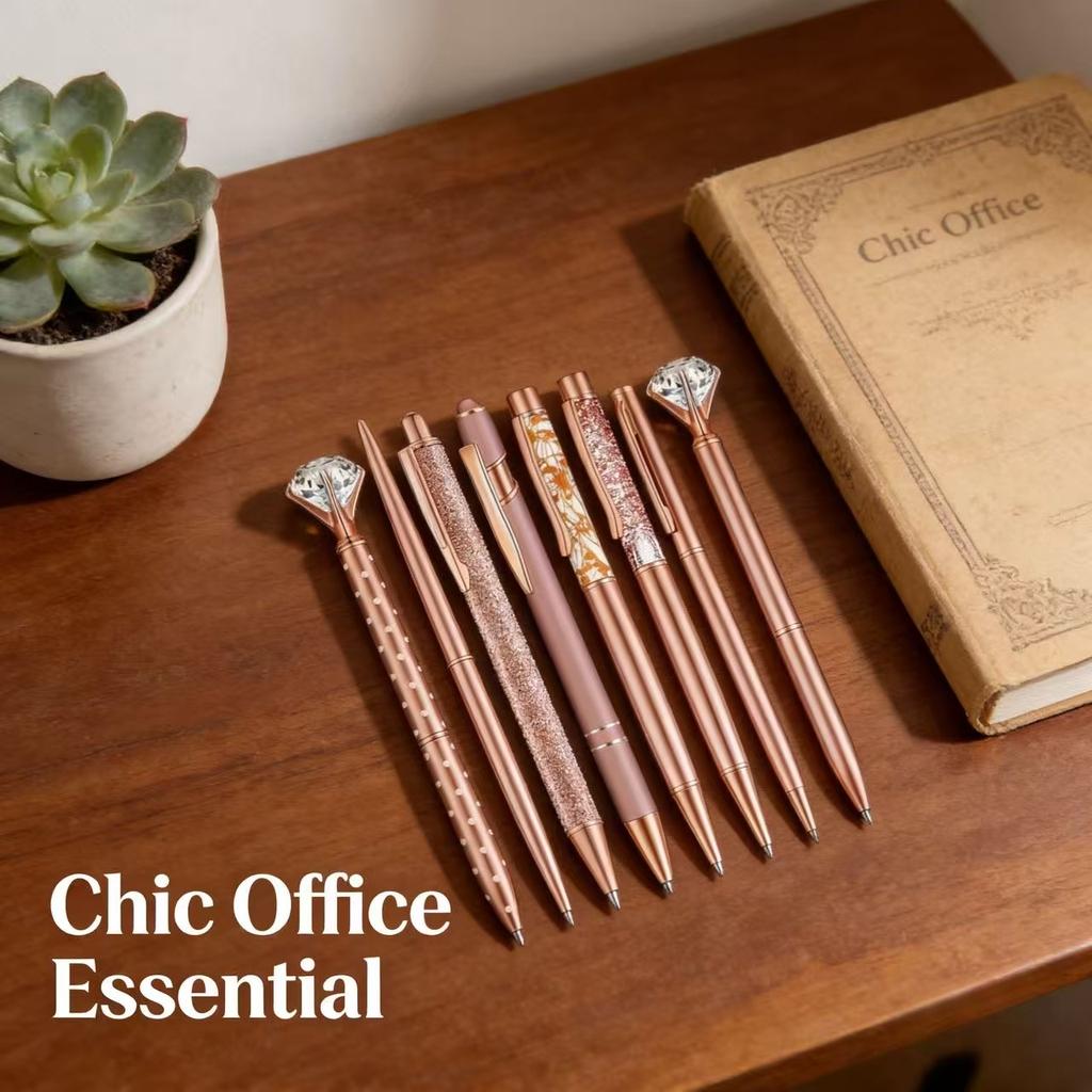 8pcs Rose Golden Ballpoint Pen Set - Stylish Metal Pens with Crystal Accents - Perfect for Students, Office, Gifts, Luxury Pen