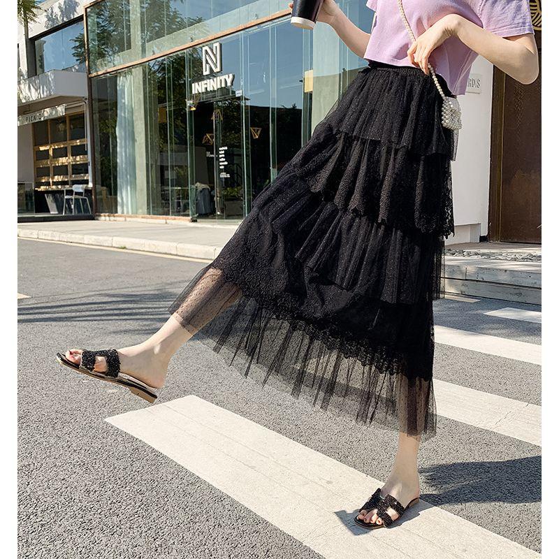 

Solid Color Lace Elastic Waist Skirt Women Solid Lace Elastic Waist Skirt Black All yards