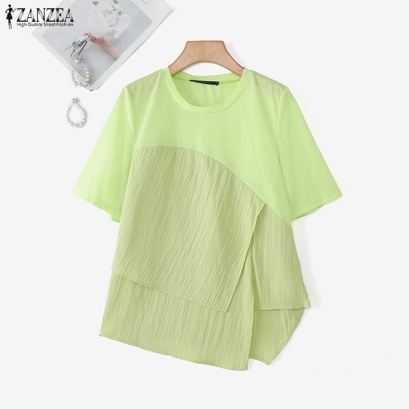 ZANZEA Women Casual Round Neck Short Sleeve Patchwork Irregular Blouse