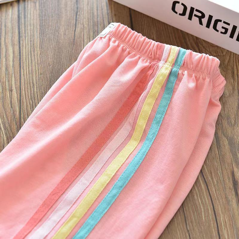 Girls' Ice Silk Cotton Rainbow Striped Casual Mosquito Pants Big Children's Baby Thin Sports Trousers Summer