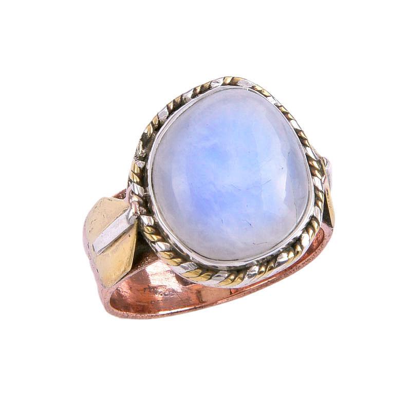 Natural Rainbow Moonstone Gemstone Two Tone 925 Sterling Silver Ring Size 6 l4Q55