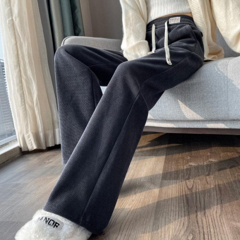 Women's Fleece Lined Wide Leg Pants Sporty Thin Style Autumn Winter Casual Trousers Spring Summer Narrow Version