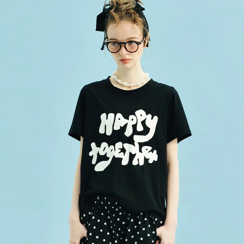 

Футболка ZX imakokoni 2025 лето универсальная с принтом букв с коротким рукавом женская свободная с круглым вырезом топ 255032+255031 3XL