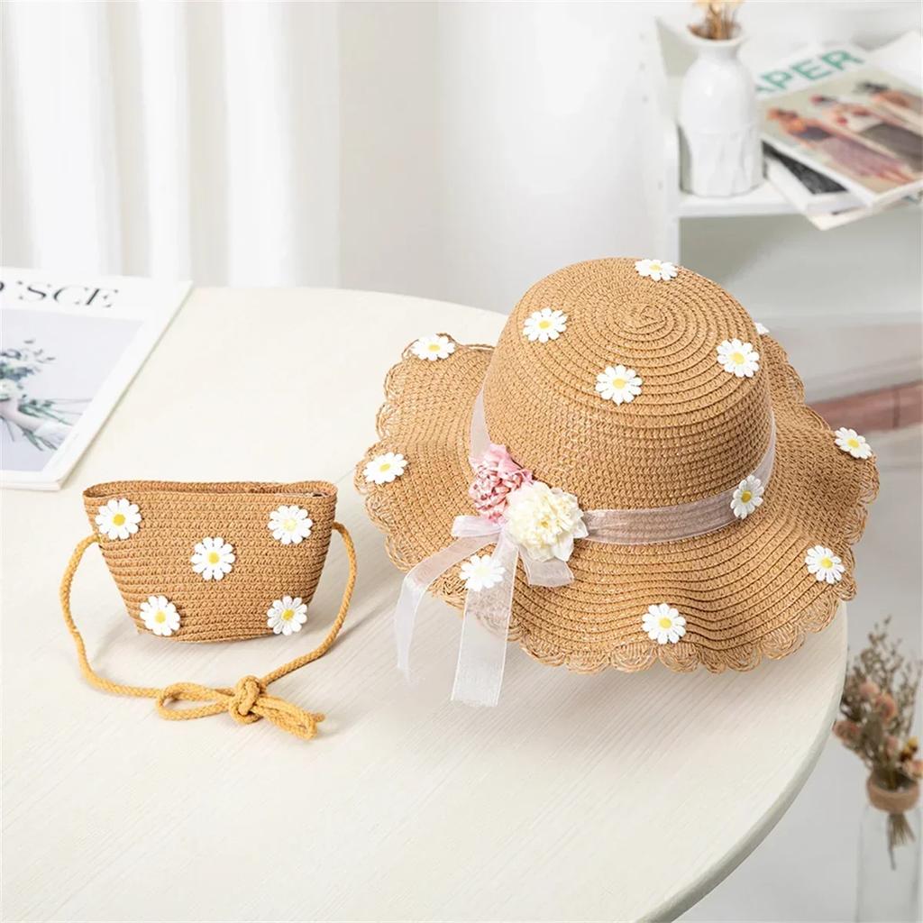 New Summertime Cute Children Straw Hat + Handbag Bag Girls SummerOutdoor Beach Cap Cute Bow Travel Beach Sun HatCrossbody Bag