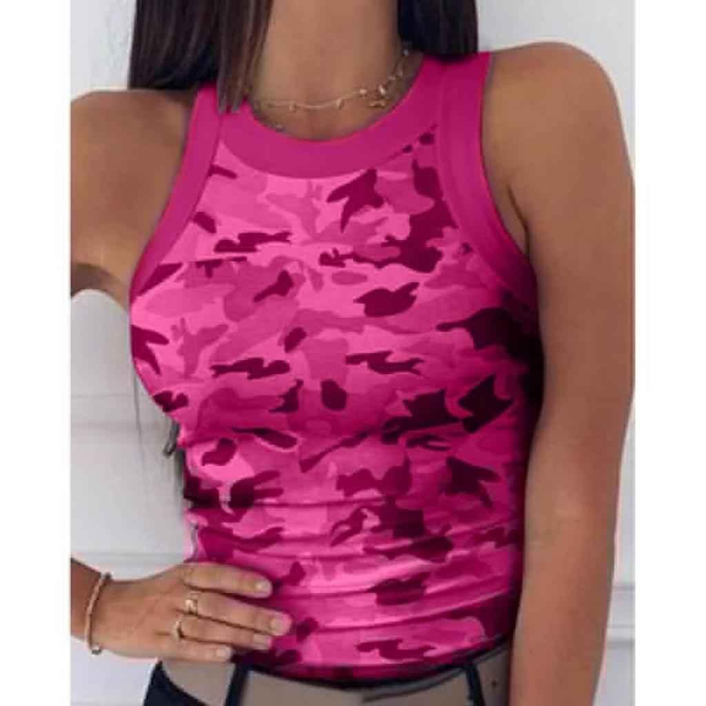 Women's Crew Neck Sleeveless Tank Top Slim Fit Striped Star Print Casual Camisole Tee