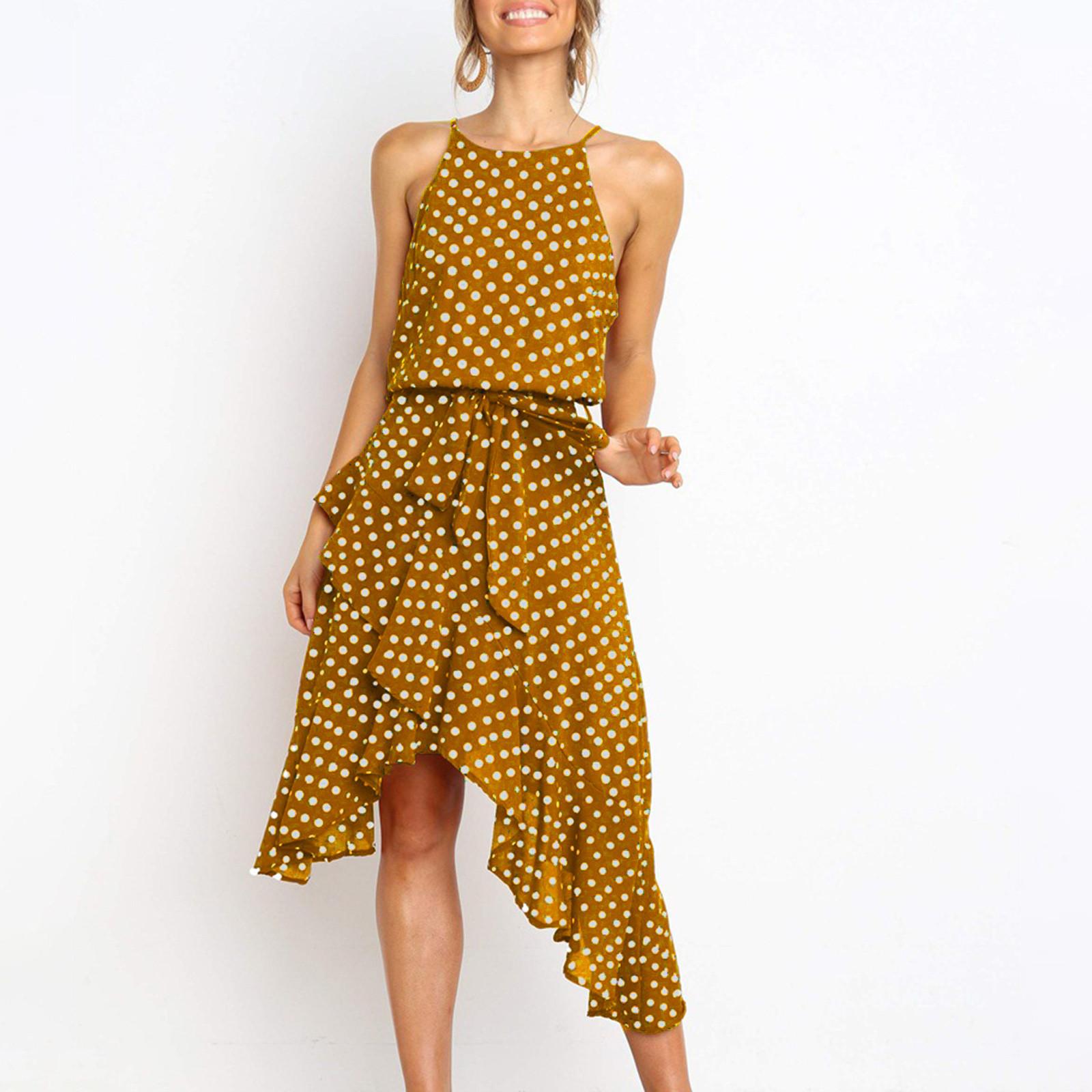 

Women s Casual Fasion Print Off-shoulder Sleeveless Sexy Waist Irregular Hem Lotus-leaf Skirt Dress S жовтий