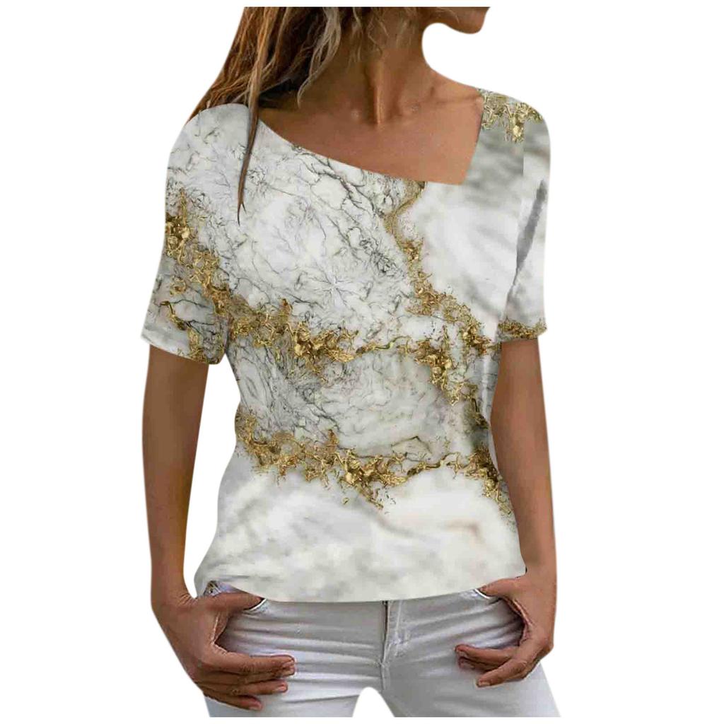 Sommer 3D-gedruckte Marmor Tie Dye Serie Damen Casual Schräghals Kurzarm T-Shirt
