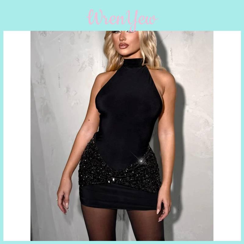 Elegant Backless Sleeveless Dress With Glitter Detailing For Party Wear