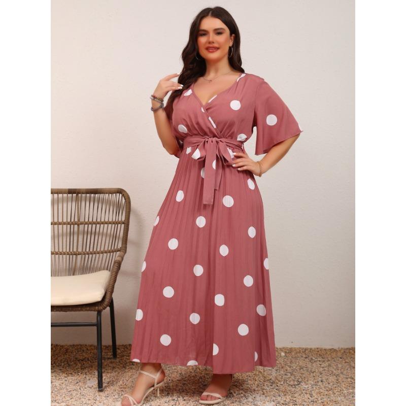 Mode Große Punkte Gedruckt V-Ausschnitt Bindeband Plissiert Großer Schwung Lange Kleider