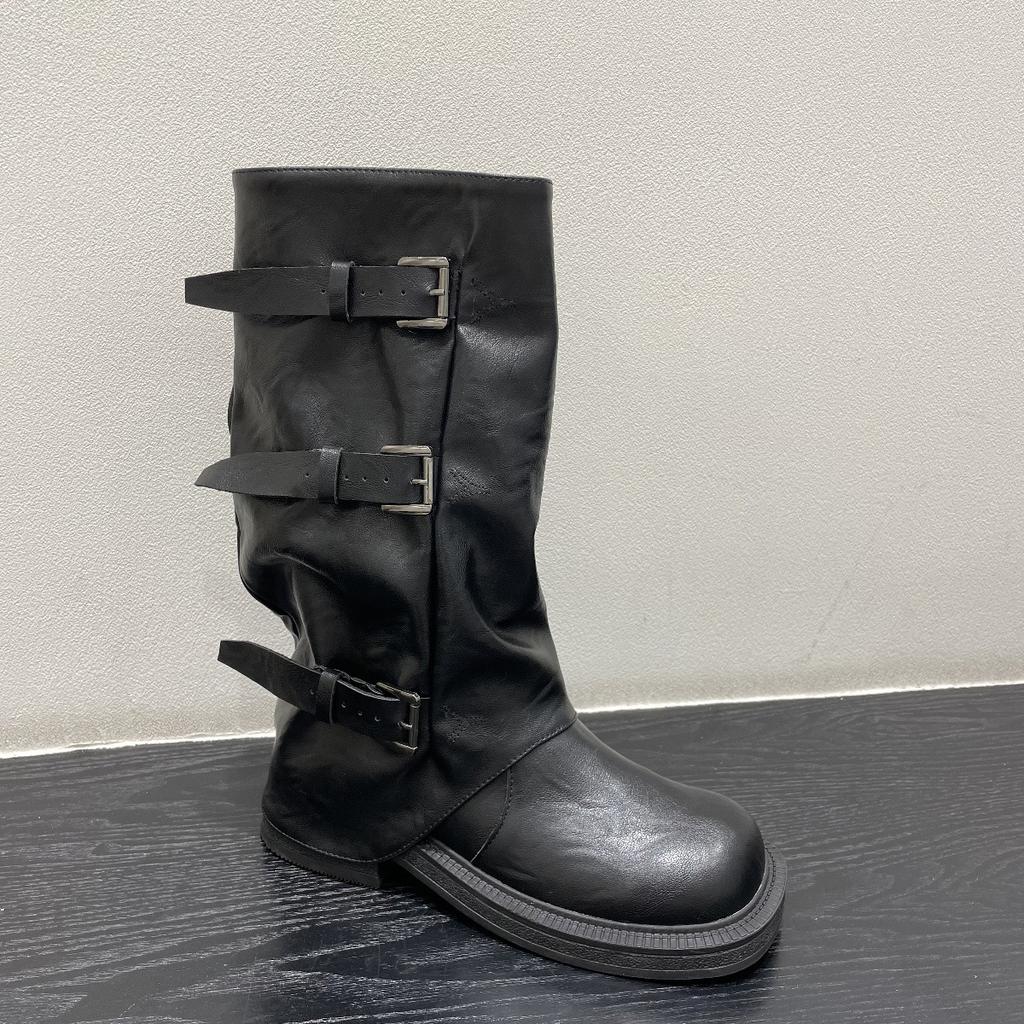 Cowhide Niche Retro Thick Heel Mid-height Boots Western Cowboy Pile Boots Knight Boots Martin Boots French Women's Boots