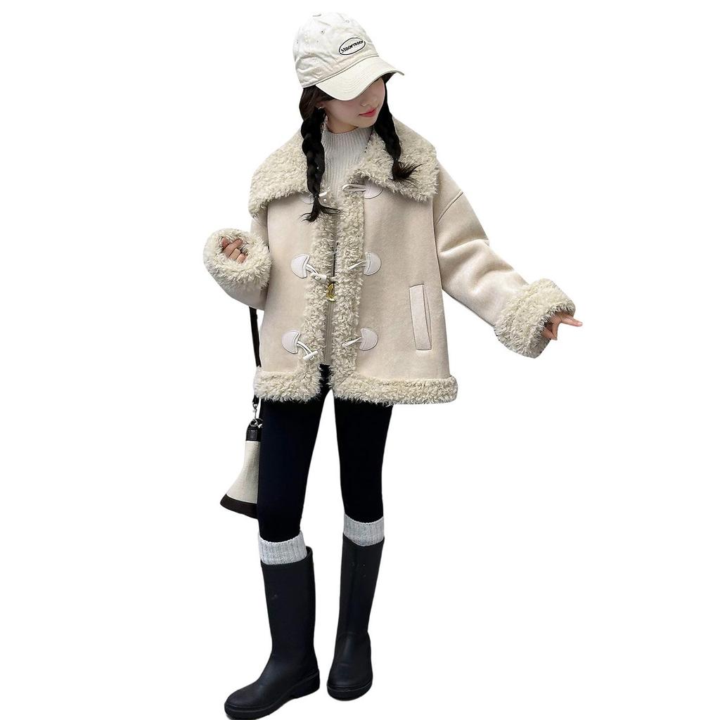 2025 Girls' Autumn/Winter Fleece-Lined Leather & Fur Coat - Stylish One-Piece for Kids