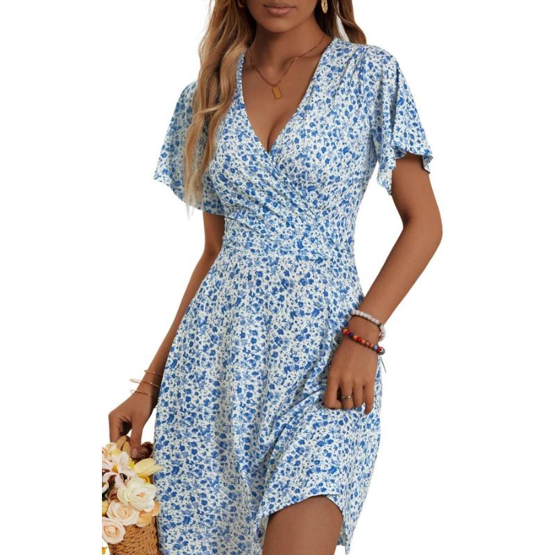 Popular, Summer Floral Short Sleeve Wrap V-Neck A Line Midi Dress