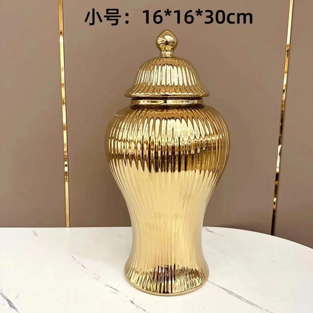 Ceramic Vase Universal Jar with Lid Golden Stripes Decor Ginger Jar Storage Bottle Desktop Porcelain Ornaments Home Decor Vase