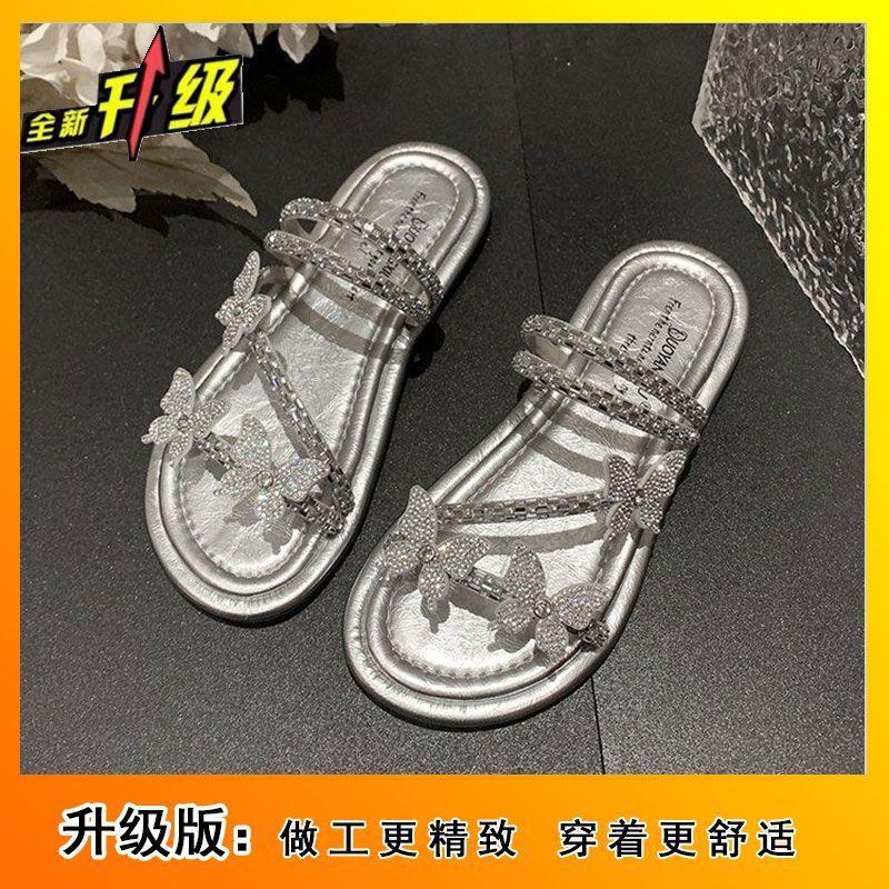 French One-word Slippers 2025 Summer Cool Wear Versatile Rhinestone Butterfly Comfortable Two Wear Flat Fairy Style Slippers