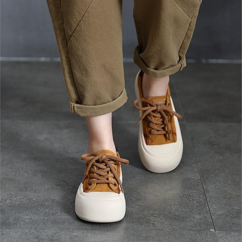 Johnature Genuine Leather Casual Women's Shoes Versatile Lace Up Round Toe Thick Soled Flat Shoes