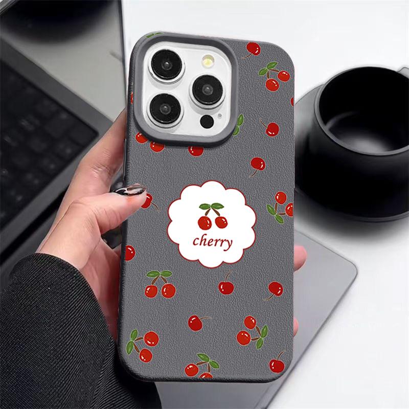 Cherry Pattern Leather Texture Plain Color Shell for iPhone 16 Pro 15 14 13 12 Pro Max 11 Soft Tpu Shockproof Matte Case Cover