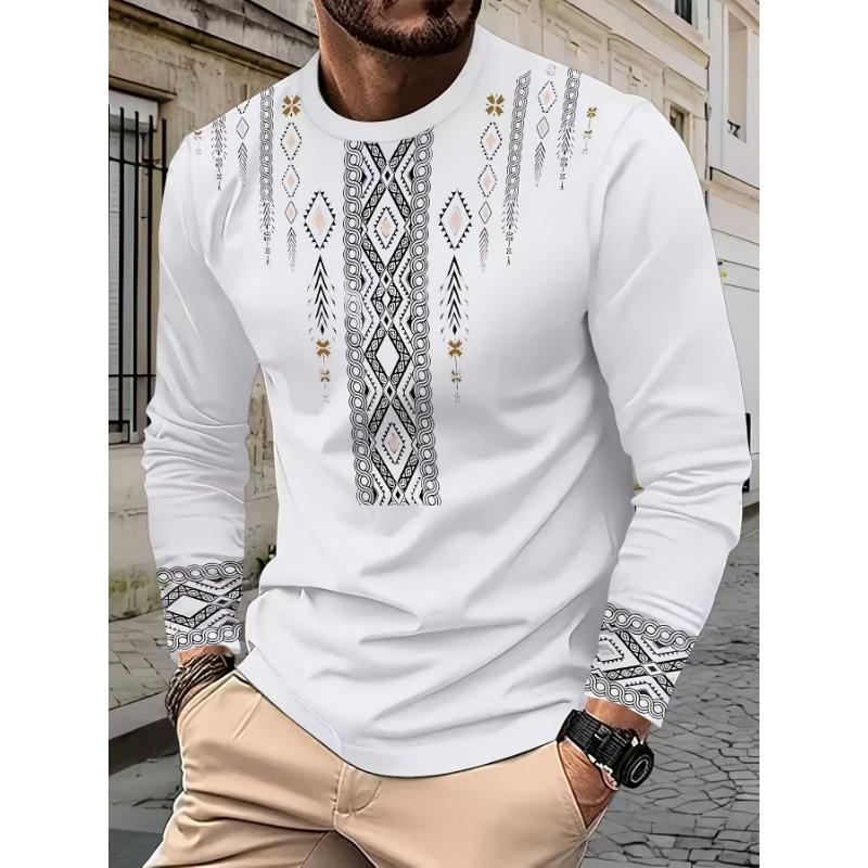 Men's Tribal Print Long Sleeve T-Shirt - Fashion Round Neck Geometric Mosaic Design, Suitable for Casual Outings and Autumn/Winter Wear