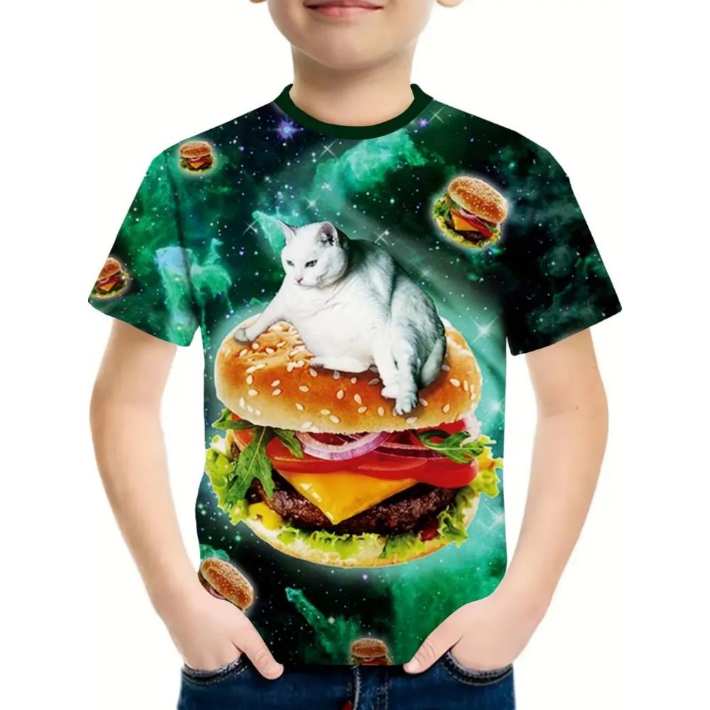 

Boy s T-Shirt Cute Cat Taco Pizza Pattern 2025 Summer Short Sleeve Tops Colorful 3D Print Boys Clothes Loose Children s Clothing 100