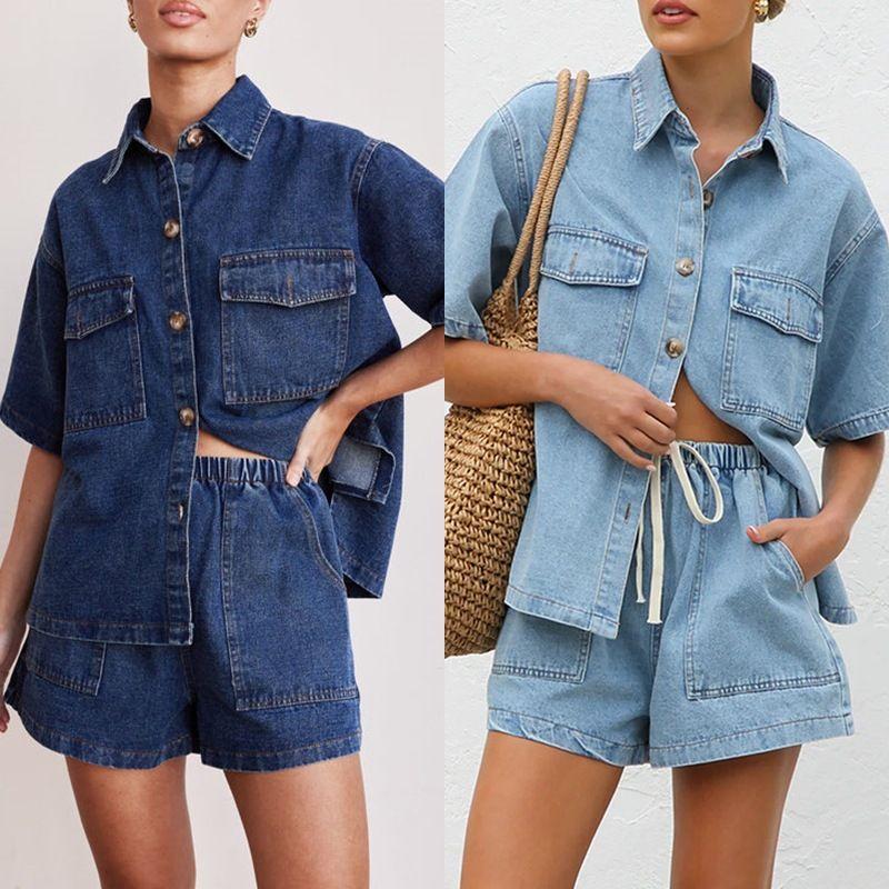 

2025 Casual Loose Pocket Denim Two-piece Set Dark blue Tops + shorts Suit S