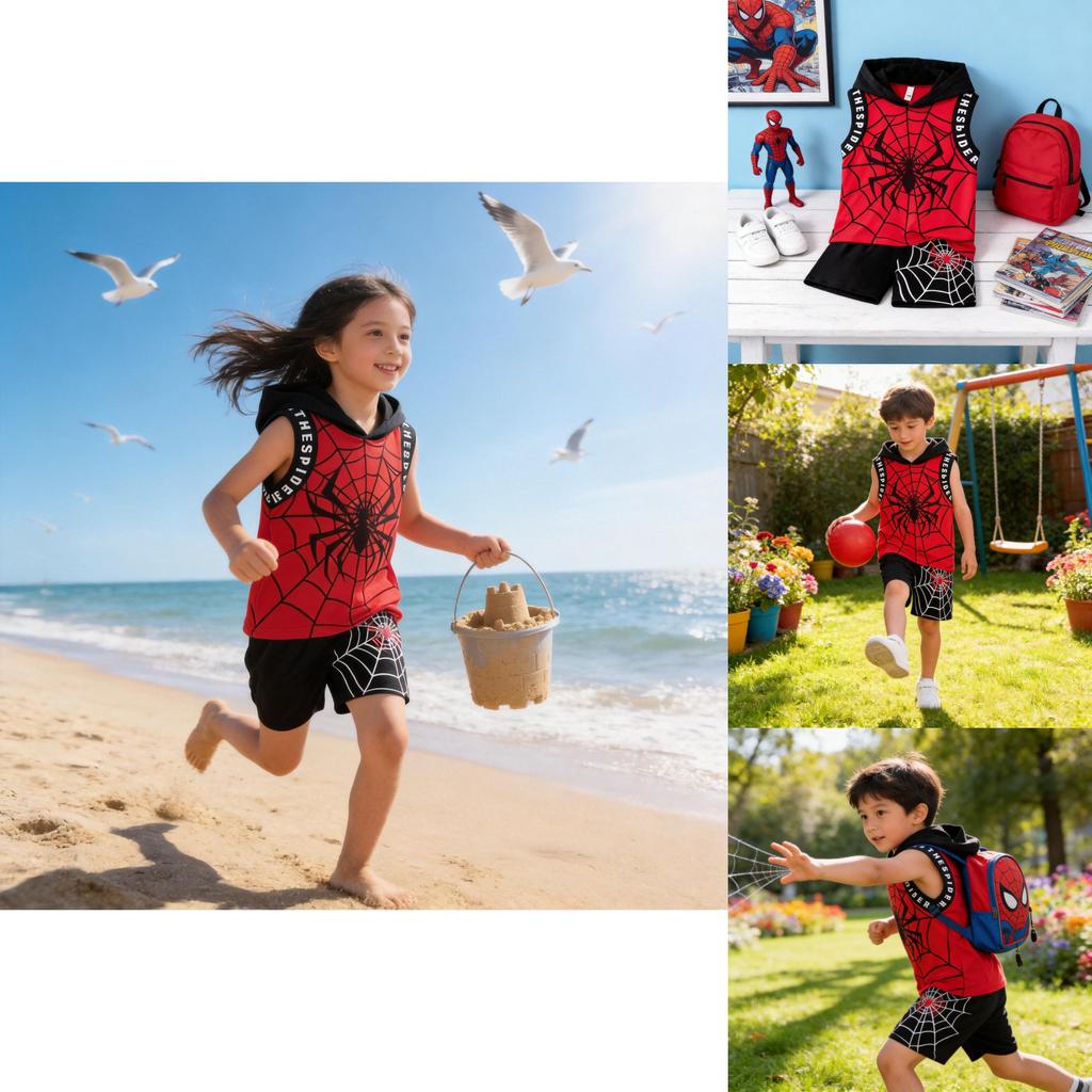 Spiderman Kids Short Sleeve Twopiece Set With Hoodie Cotton Summer Outfit For Children