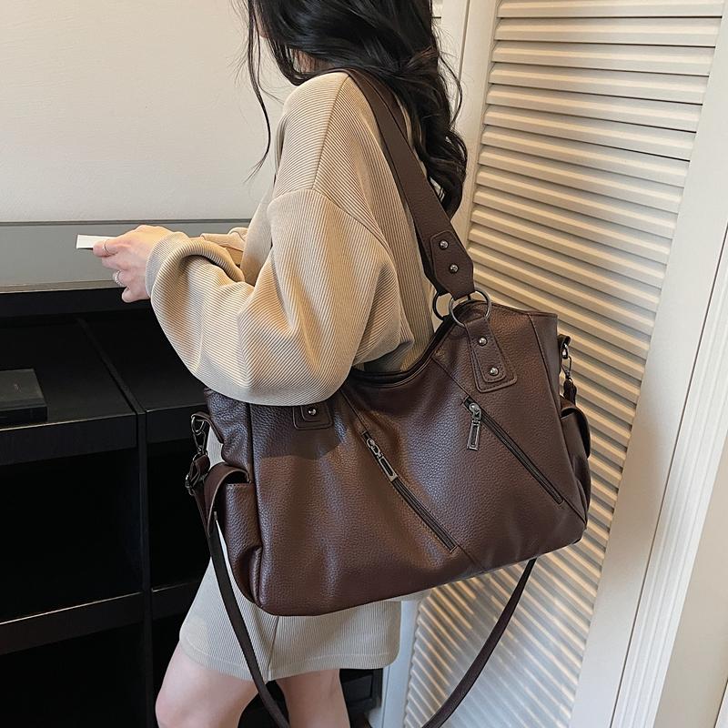 Faux Leather Tote Bag for Women Fashion Shoulder Handbag with Zipper Pockets and Adjustable Strap