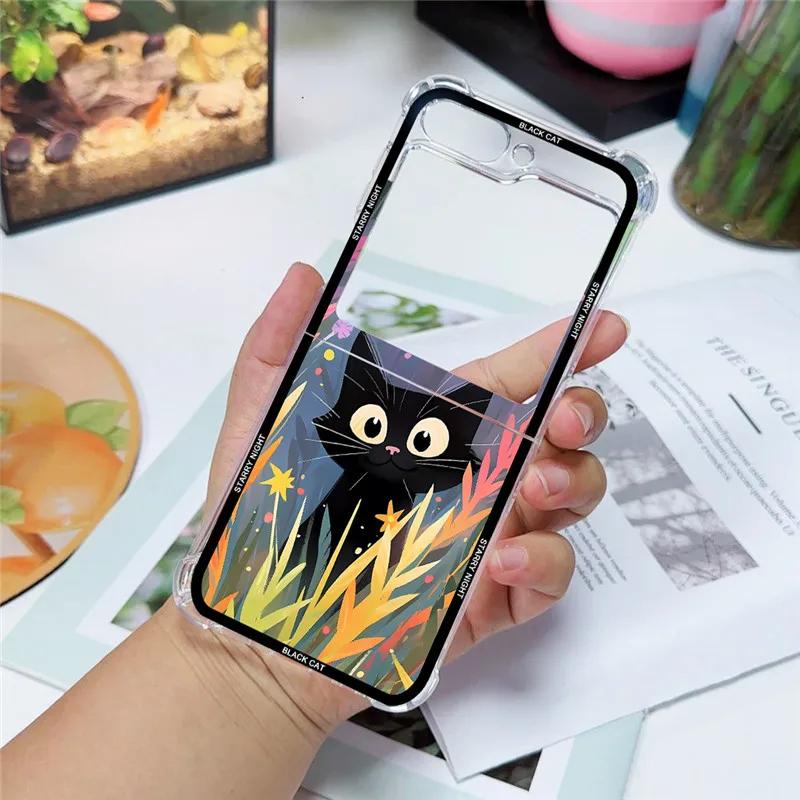 Artistic Black Cat Starry Night Phone Case For Samsung Galaxy Z Flip 6 5 4 3 5G Shockproof Cover For Samsung ZFlip3 Flip4 ZFlip5