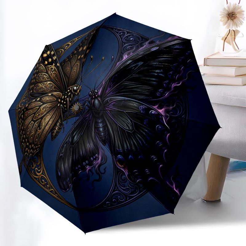 1pc Sturdy 8-Bone Auto Umbrella, Pale Lilac Floral Butterfly Garden Umbrella, Digital Printed, Foldable Umbrella for On-the-Go Outdoor Use