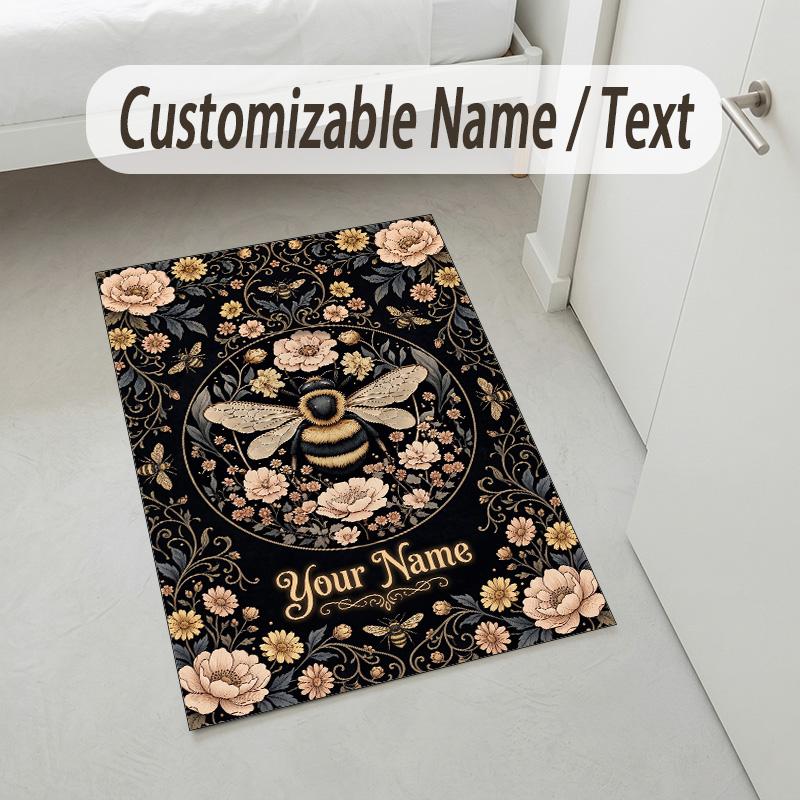 Bee Floral Theme Soft Crystal Velvet Rug Custom Name & Text Print Non Slip Floor Rug for Bedroom Living Room