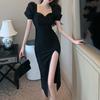 French Niche Knee-length Dress Women's Summer Bubble Sleeve Skirt Temperament Slim and Thin High Split Sexy Dress