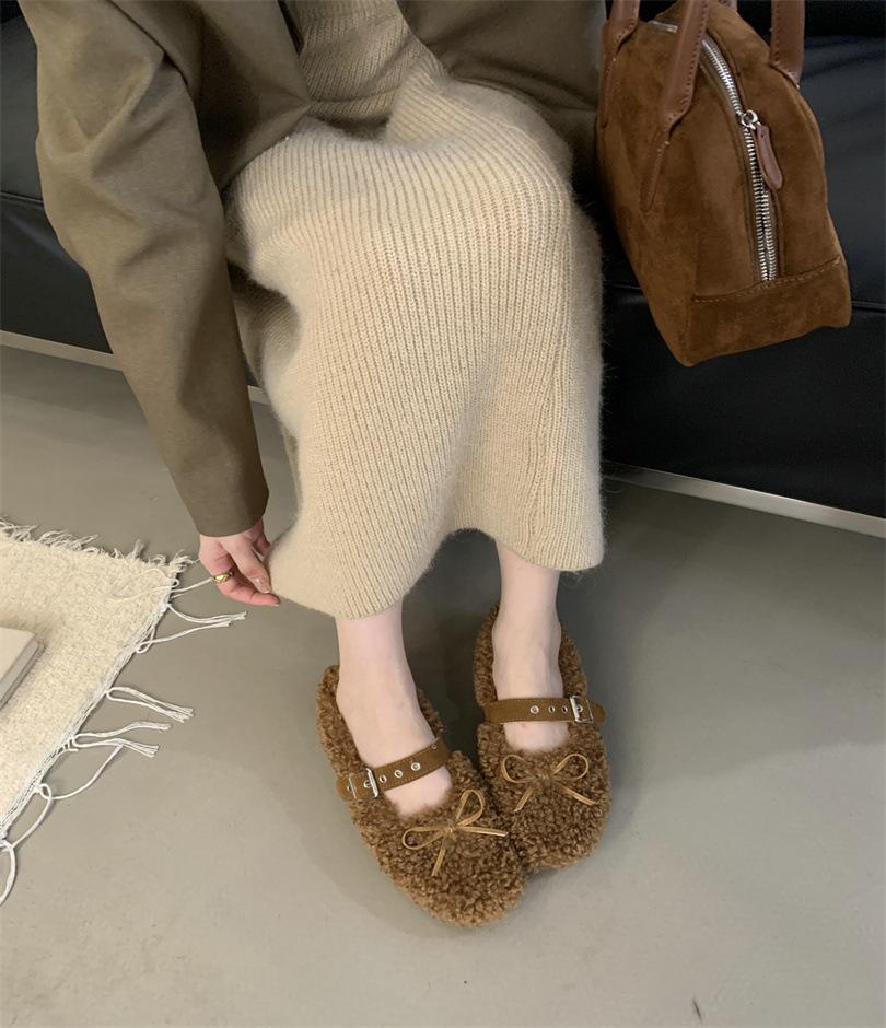 2025 autumn and winter comfortable versatile bow cotton shoes round head one-word buckle casual fluffy shoes