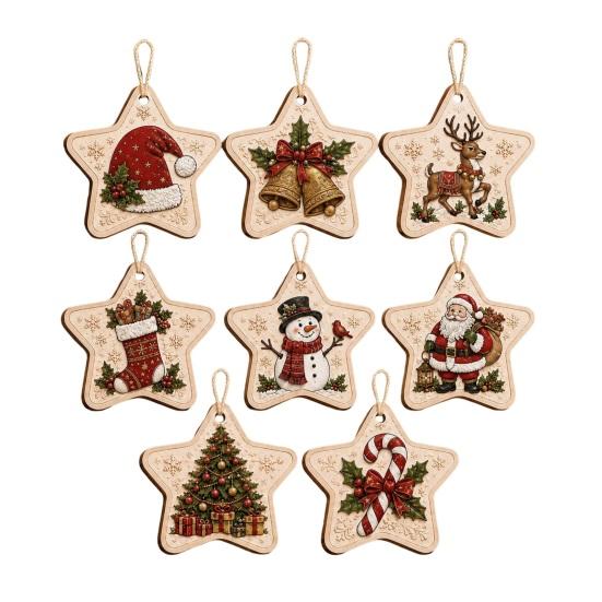 Handcrafted Home Pendant 8Pcs Wooden Christmas Tree Ornament Set, 2D Flat Rearview Mirror Exquisite Window Hanging Pendant, Nordic Minimalist