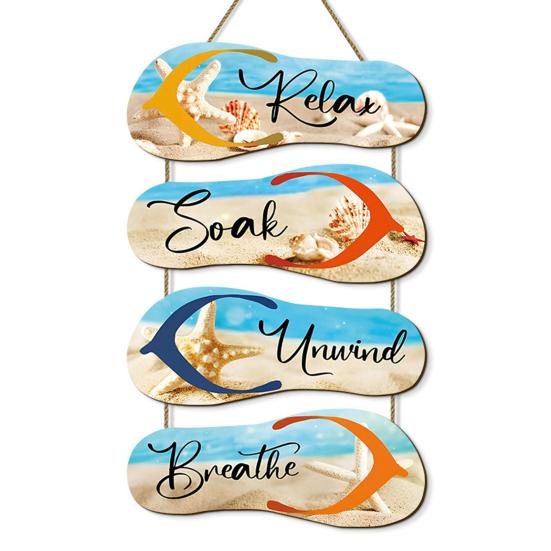 

Wooden Pendant Beach Style Wall Hanging Sign with Relax Soak Unwind Breathe Slogan Pendant for Bathroom Pool A