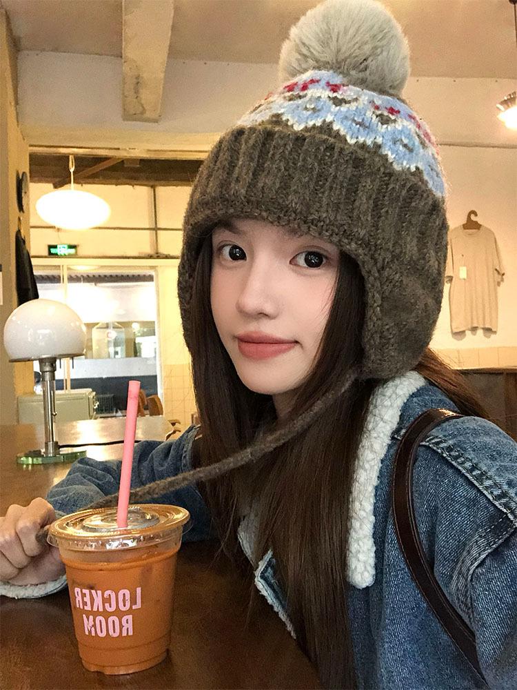 Fair Island Vintage Ski Wool Hat Women s Northeast Thickened Warm Ear Protector Hat Hairball Knitted Hat Winter M（56-58cm）