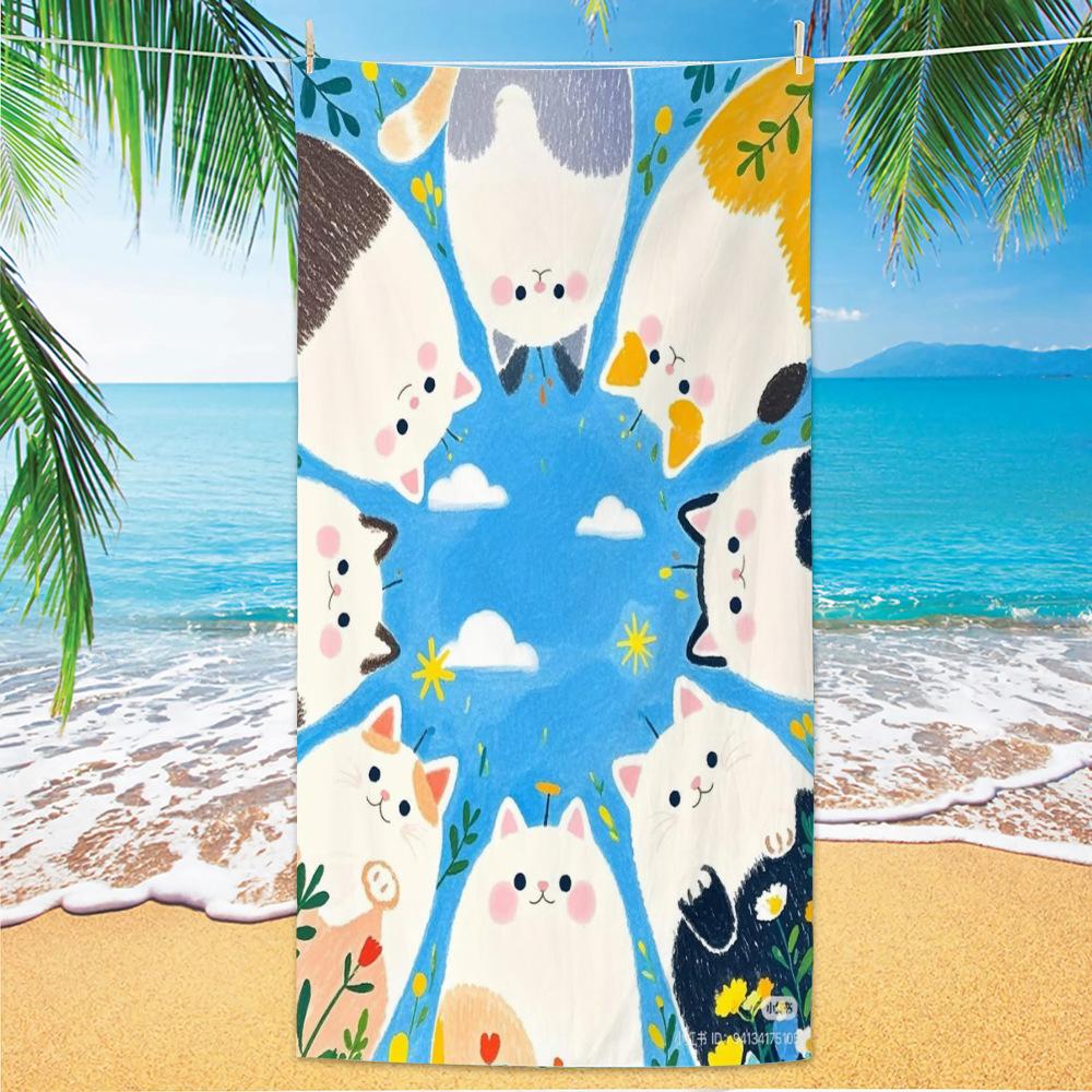 Cute and Cute Cat Cartoon Microfiber Beach Towel Quick Drying Lightweight Absorbent Bath Towel Outdoor Travel Pool Bath Towels