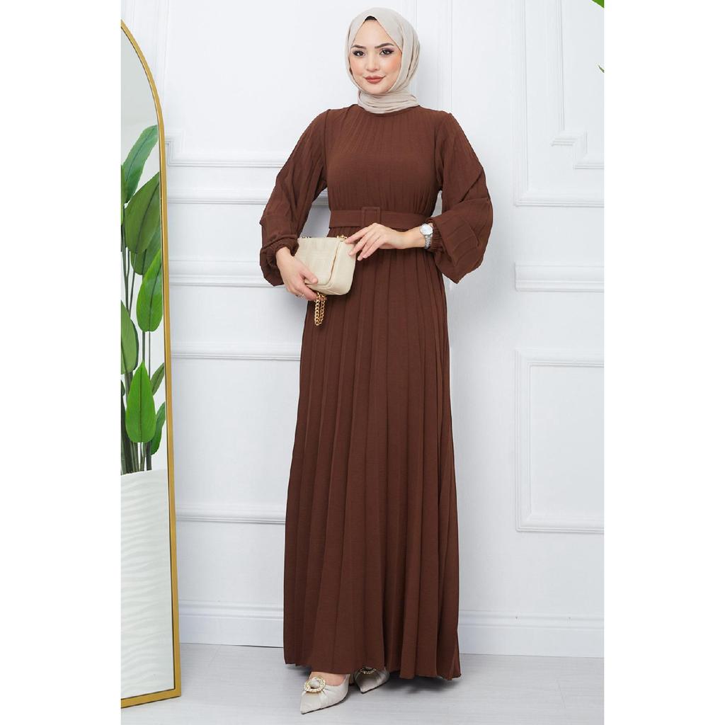 Belted Pleated Aerobin Dress Khaki Hm2339