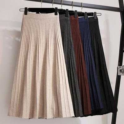 Herbst und Winter College-Stil Hohe Taille Plissierter Strickrock In der langen All-in-one-Tasche Hüfte Koreanische Version eines dünnen Schwing-A-Linien-Rockes
