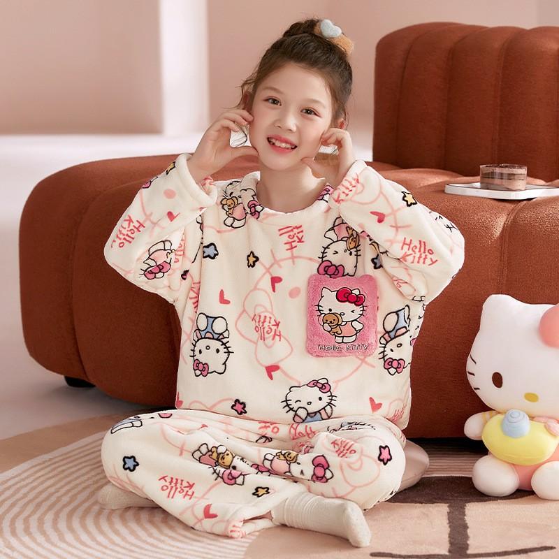 Girls Flannel Pajama Set Cartoon Warm Homewear Kids Winter