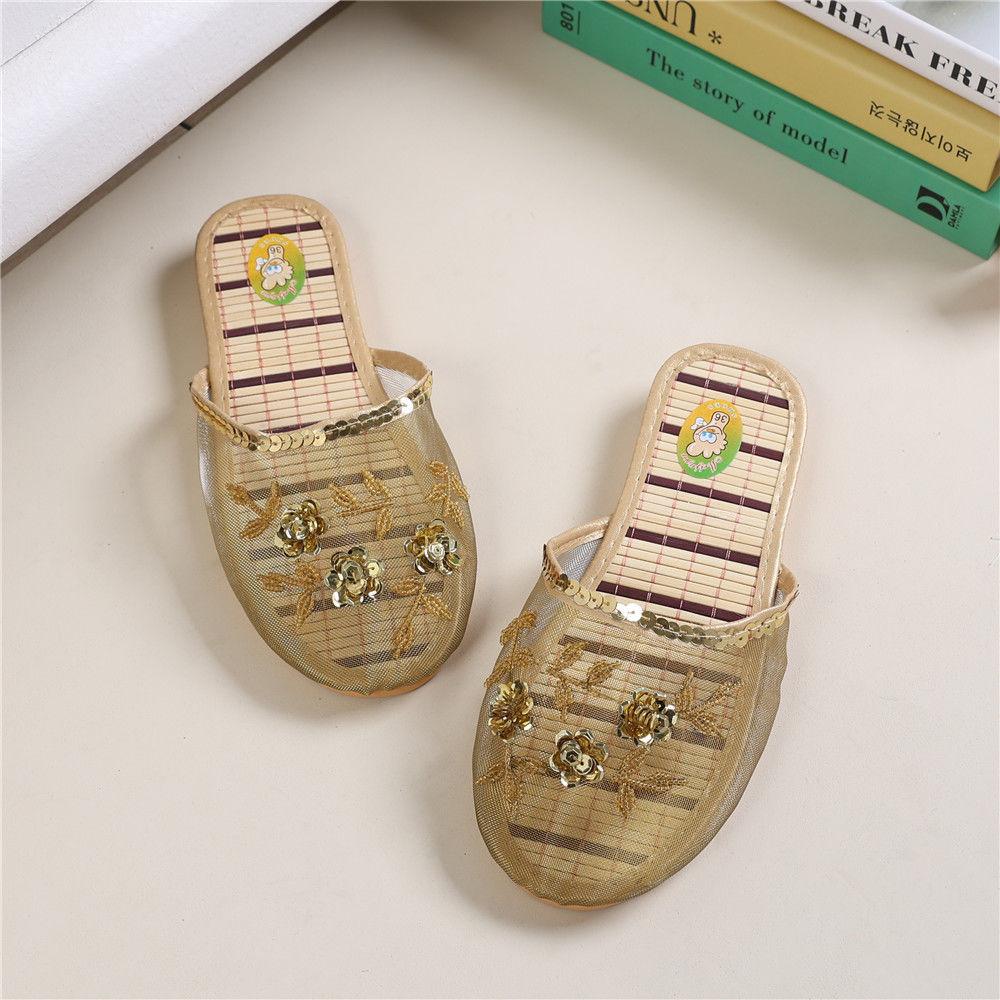 Handmade Beaded Home Slippers Women's Summer Indoor Mesh Wooden Flooring All Season Slippers Flat Heel