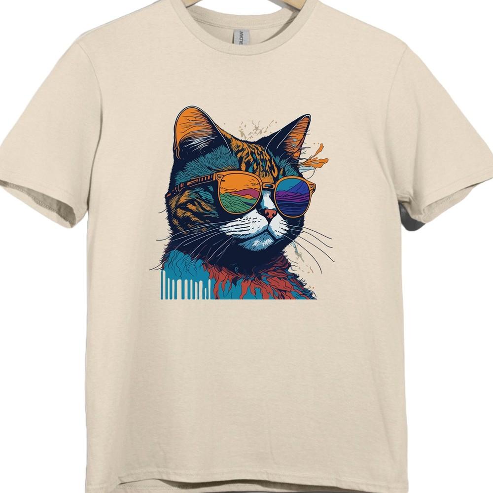 Cat With Sunglasses T Shirt Funny Cool Cat Lover Retro Colorful Graphic Tee