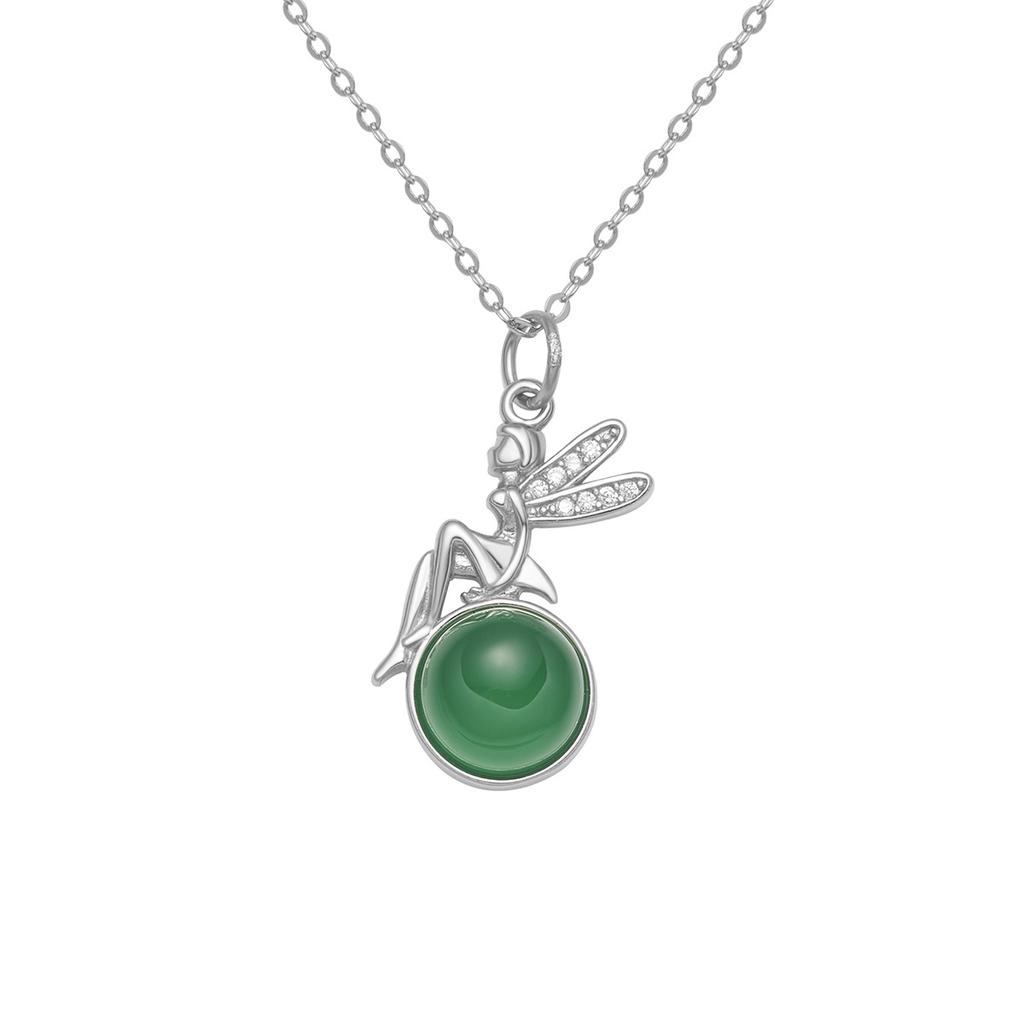 S925 Silver Elf Natural Chalcedony Necklace Women's Meilong Accessories Fashion Inlaid Jade Pendant Jewelry Summer