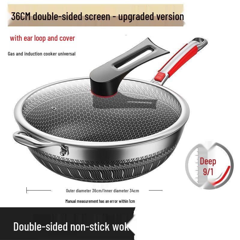 Jian 36CM Stainless Steel Double-Sided Honeycomb Non-stick Wok with Lid