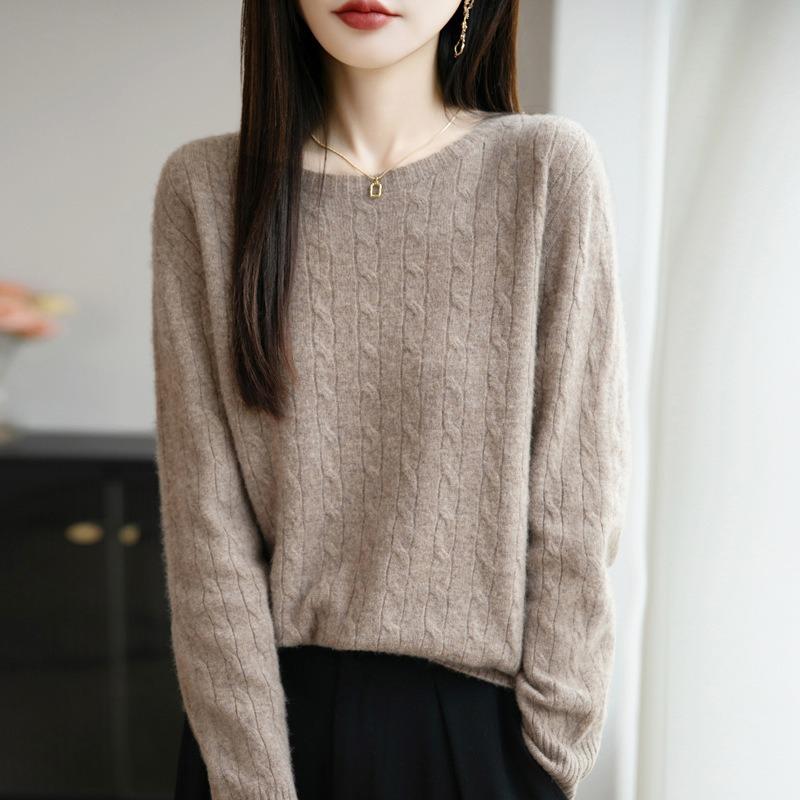 Casual Simple Women Fashion Sweater Round Neck Cable Knit Pullover Tops Loose Long Sleeve Pullover Base Layer Autumn Winter Comfortable Warm Knit Top