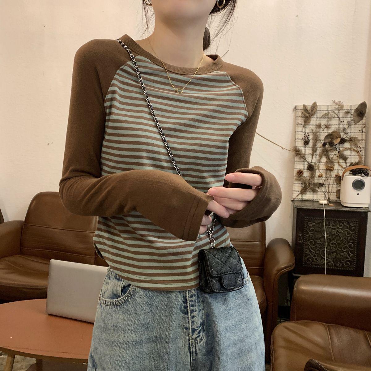Women s Retro Brown & Green Striped Long Sleeve Fleece Base Layer Top - Irregular Short Design for Autumn & Winter Medium